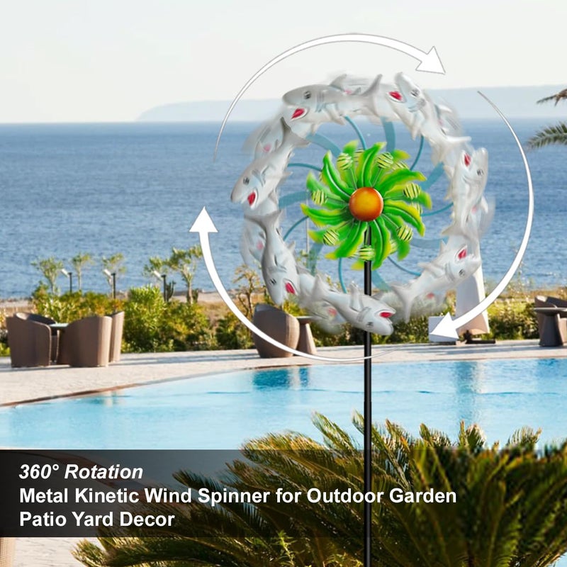 Senflame Shark Outdoor Wind Spinners - 39" Ocean-Themed Metal Wind Sculptures Garden Stake Art, 13.5” Windmill Yard Kinetic, Outdoor Decor for Patio & Lawn - Metal Beach Sculpture with Shark Design - Image 4